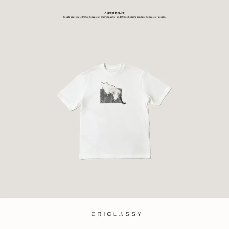 ERICLASSY 猫影留白 撞色流苏绣猫语主题250g全棉短袖TEE