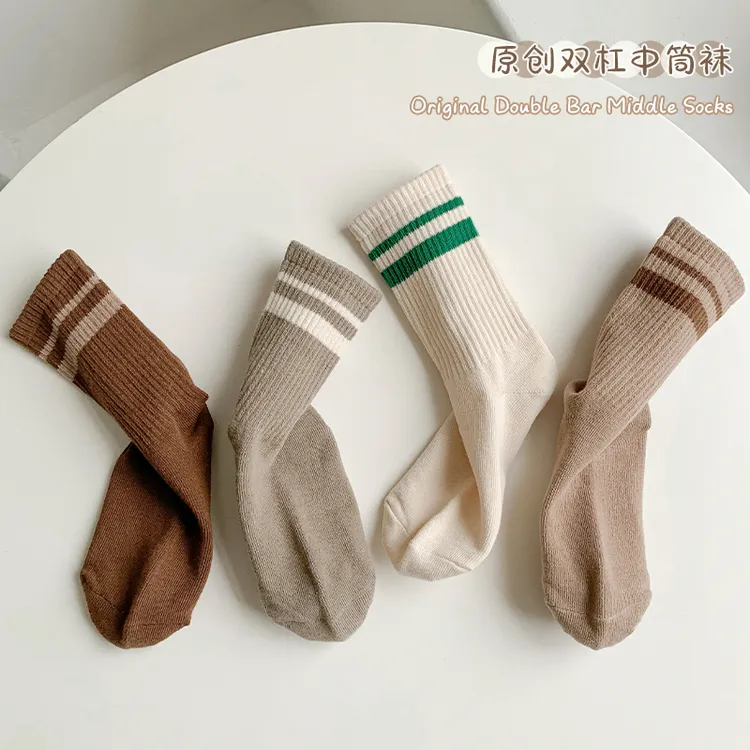 儿童袜子秋冬季新款学院风二杠男女童宝宝运动中筒袜休闲百搭潮袜
