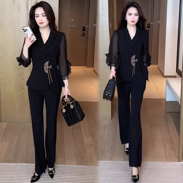 新中式国风套装2025女秋季新款气质收腰盘扣上衣直筒阔腿裤两件套