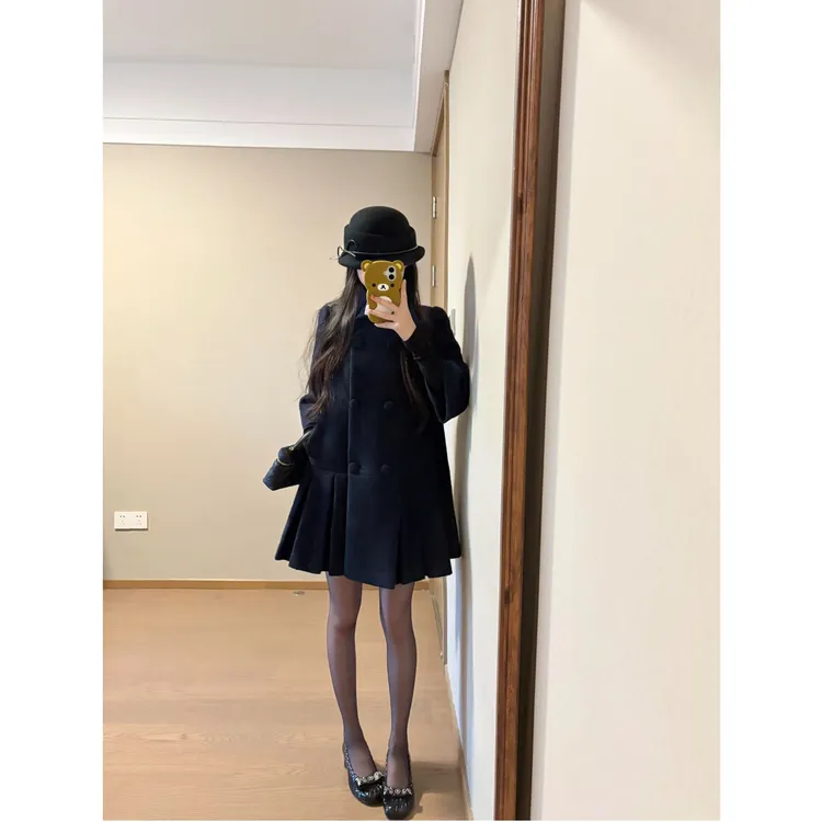 藏青色下摆压褶圈圈羊毛呢外套3305