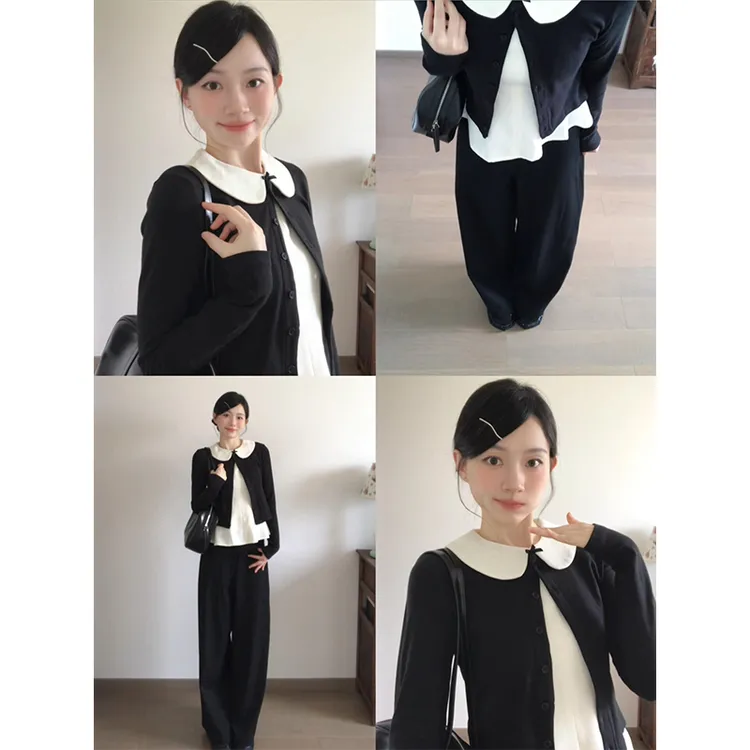 parkyeon秋季新款韩系短款针织开衫娃娃领背心上衣阔腿休闲裤套装