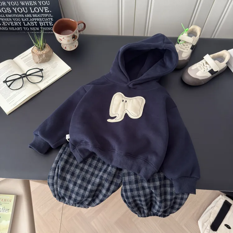 【加绒加厚】2025新款立体大象洋气休闲韩版男女童连帽格子裤套装
