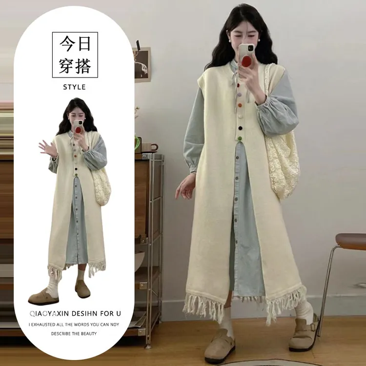 微胖女孩的显瘦穿搭森系复古减龄慵懒针织马甲连衣裙叠穿两件套装