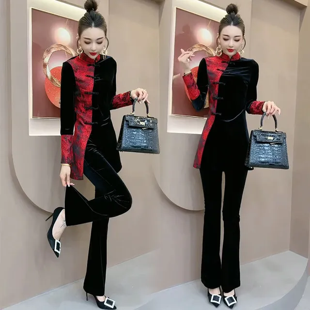新中式时尚套装女2025秋季新款中长旗袍上衣微喇裤显瘦丝绒两件套