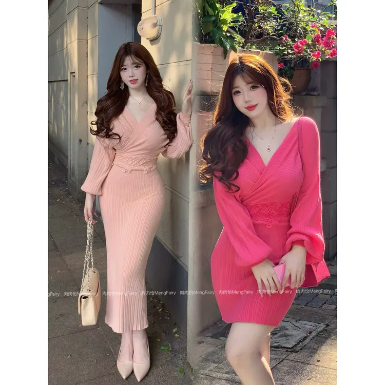 萌面侠肉肉怡【名媛美学】秋冬意式V领交叉蕾丝针织连衣裙6650B 69B