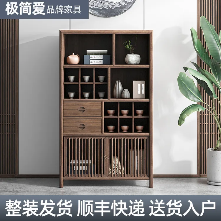 新中式餐边柜立柜酒柜斗柜墙边柜靠墙柜禅意茶叶柜实木黑胡桃木色
