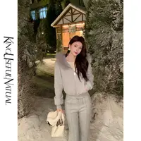 KUN【lulu女孩】时髦前卫 棉加厚卫衣花灰色套装狐狸毛领秋冬上衣