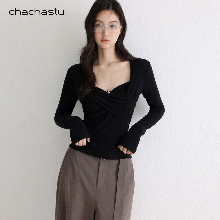 CHACHASTU【深秋】黑天鹅复古交叉领设计高弹力遮肉围裹上衣ZRS1868