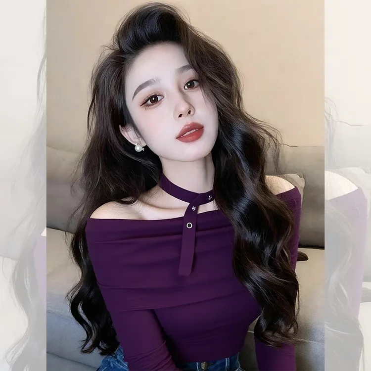 别致独特漂亮内搭紫色打底针织衫女秋冬季洋气高贵一字肩露肩上衣