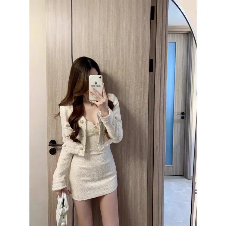 富家千金小香风女装洋气短款外套气质上衣纯欲收腰显瘦吊带裙套装