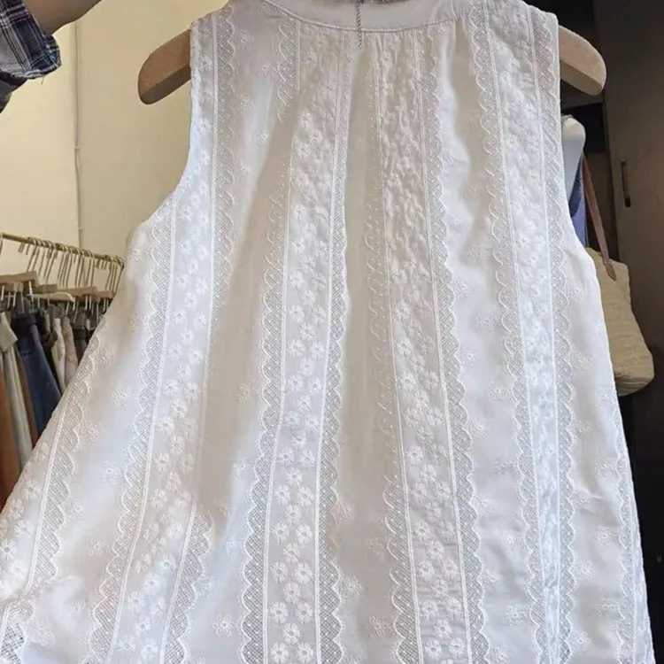 蕾丝拼接刺绣白色上衣夏季无袖有里衬背心娃娃衫衬衫小清新女