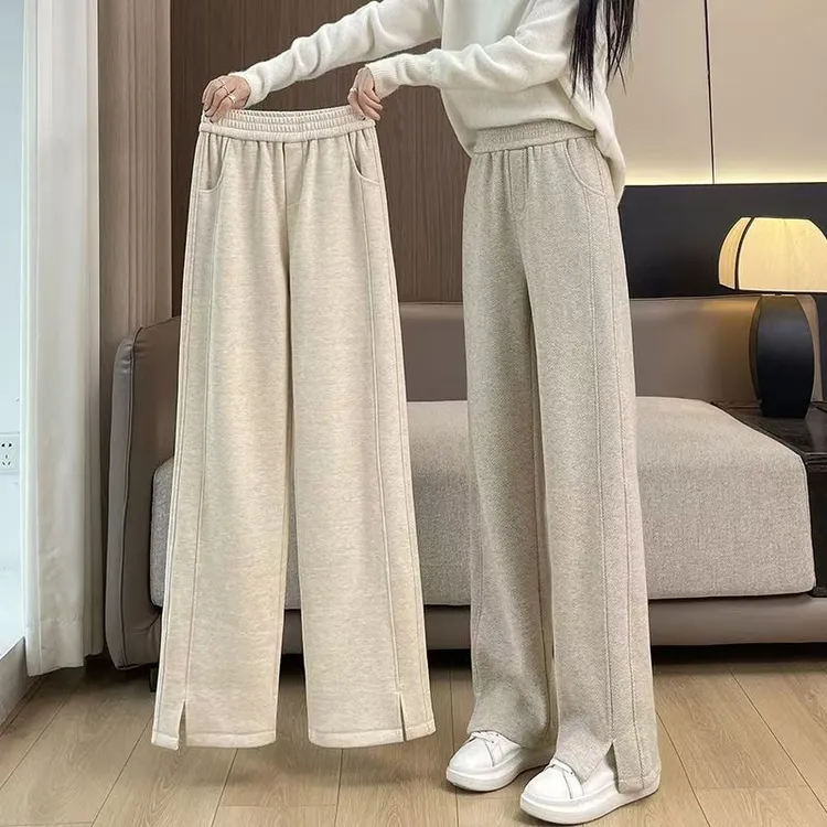 秋冬款胖妹妹毛呢裤子人字纹2025新款浅白灰燕麦色阔腿裤显瘦女裤