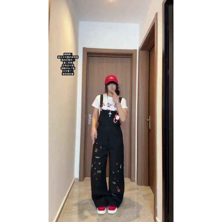 美式复古奶酪陷阱宽松水洗直筒裤女春季重工童趣刺绣工装背带裤子