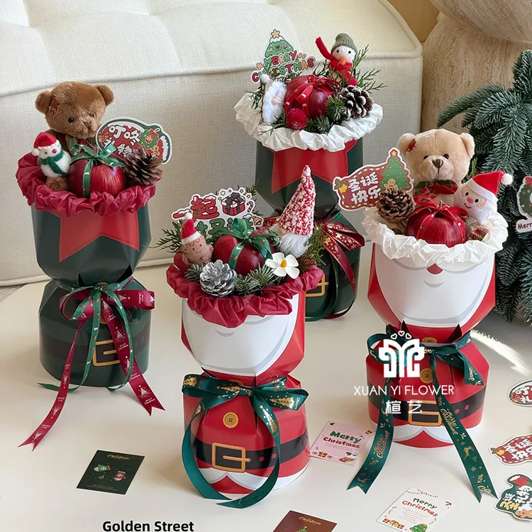 圣诞老人苹果花束一体定型片圣诞节平安果包装纸花店包花定型片