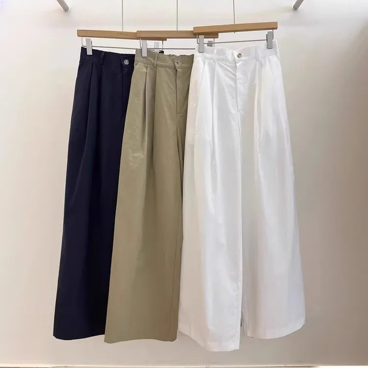 纯棉酵洗加柔日系白色高腰阔腿裤女秋季小个子百搭直筒宽松长裤