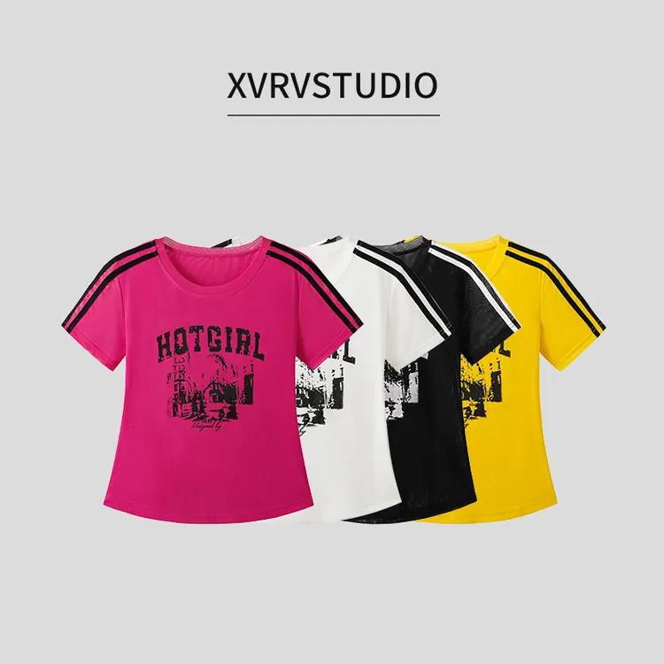 XVRV2025夏季网纱冰感条纹印花女时尚显瘦运动短袖跑步健身上衣