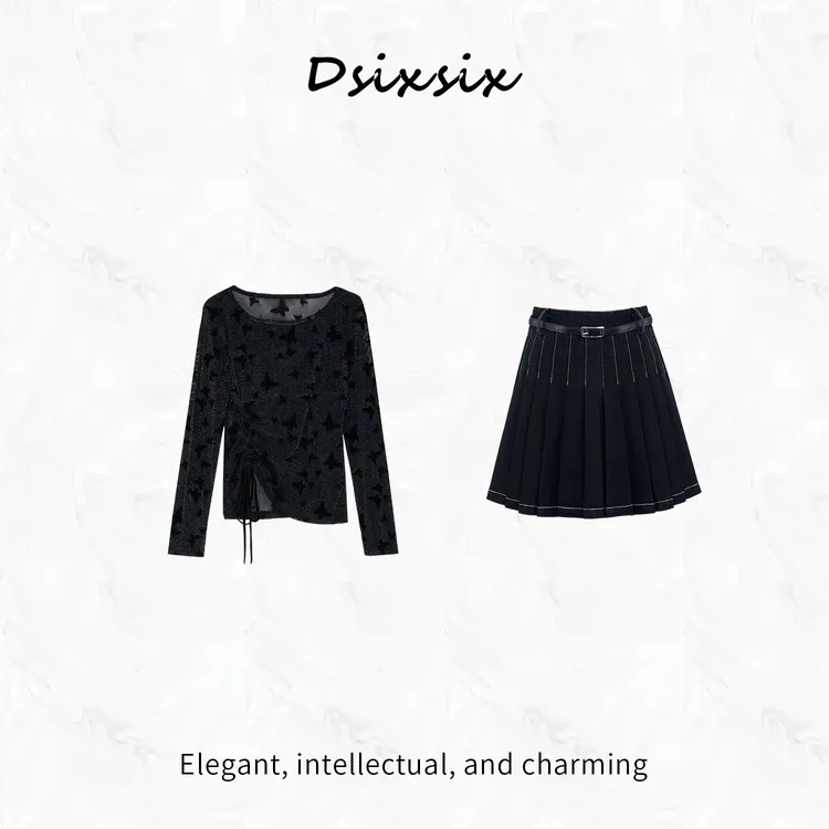 Yeah Me/也觅【星光幽蝶】夏季新款蝴蝶设计感百搭黑色半身裙套装女