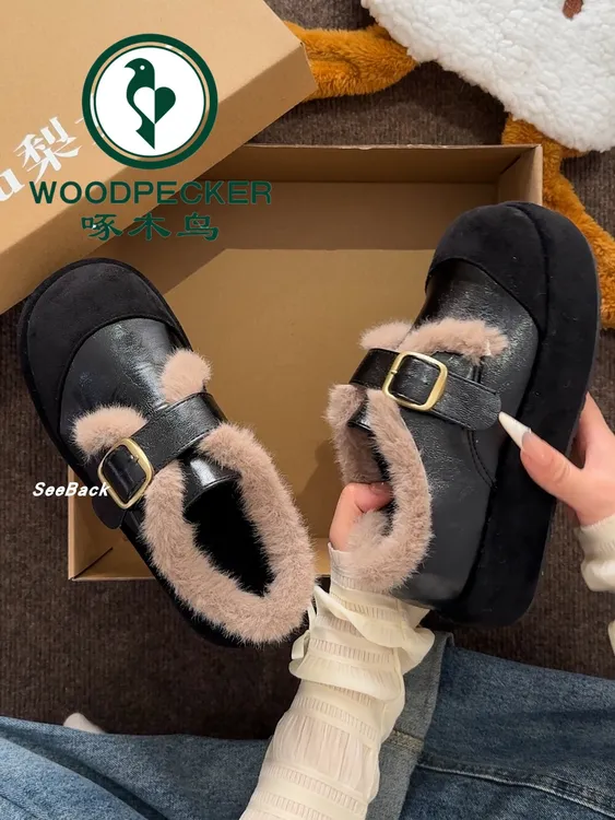 啄木鸟小众厚底加绒保暖毛毛鞋女2025秋冬新款复古百搭圆头勃肯鞋