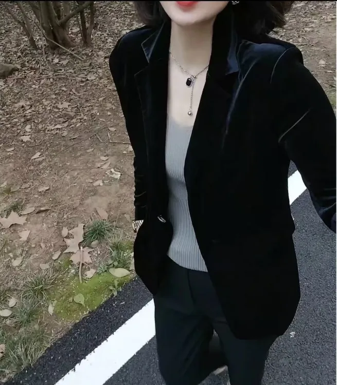3129金丝绒休闲通勤西服外套一粒扣修身上衣百搭