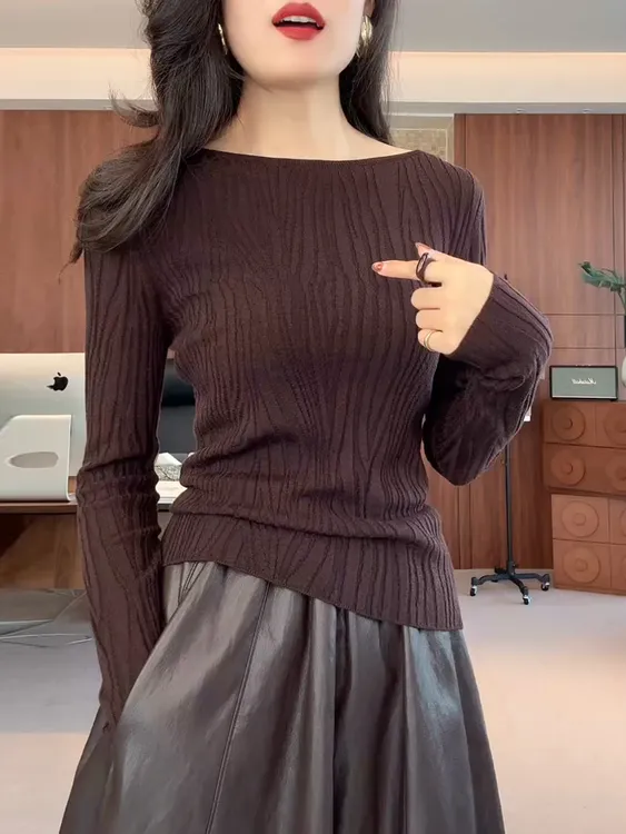 水波纹咖色长袖针织打底衫女秋冬内搭2025新款气质修身高级感上衣