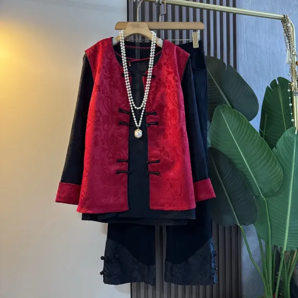 新年款新中式轻奢国风大码女装秋冬提花盘扣时尚复古民族风马甲