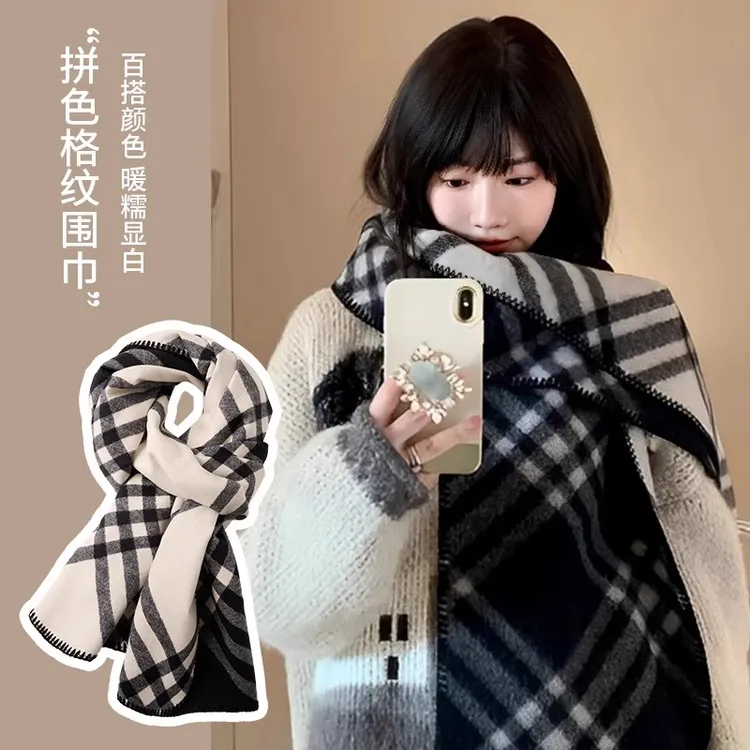 【MODENGCHIMA】格子女欧美风轻职风法式厚款围巾显白学生格纹韩版
