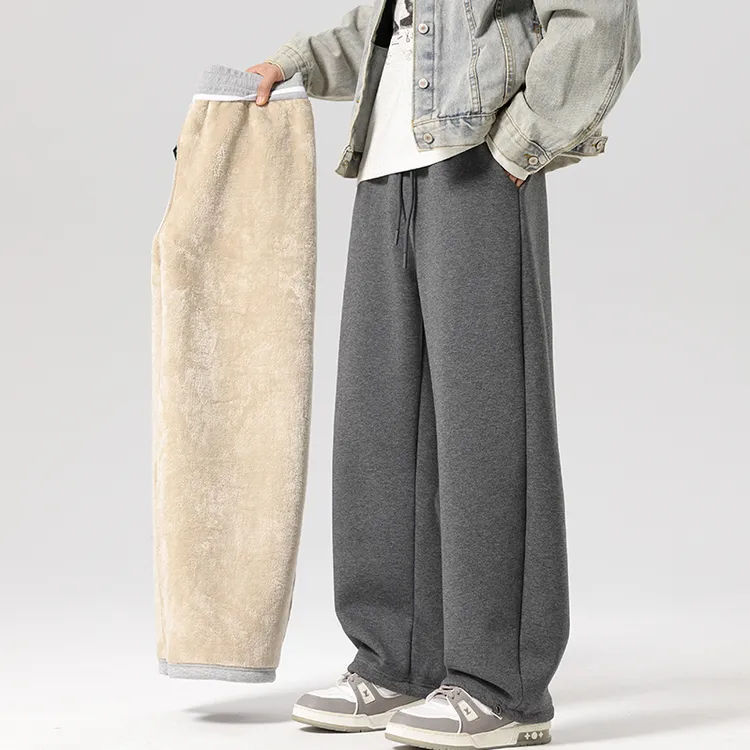 羊羔绒裤子男冬季加绒加厚灰色弯刀卫裤宽松直筒休闲运动裤秋冬款