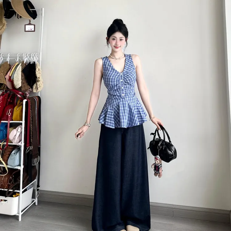 INS CEC辣妹通勤显瘦修身格子挂脖无袖短款夏季吊带背心阔腿裤女