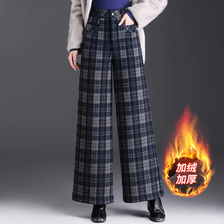 加绒加厚中老年休闲格子阔腿裤女高腰遮胯垂感冬季宽松毛呢直筒裤