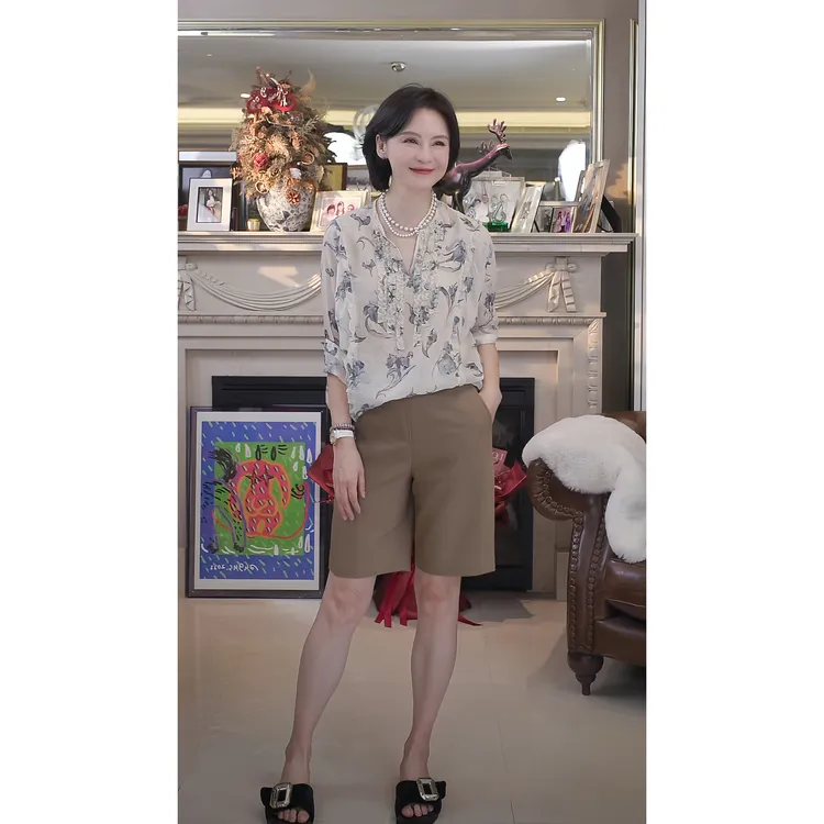 我是摩羯 莫奈花园 抽褶木耳边百搭印花天丝秋衬衫休闲上衣