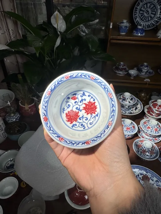 景德镇手工青花釉里红缠枝莲大压手杯（超七天售后不退换