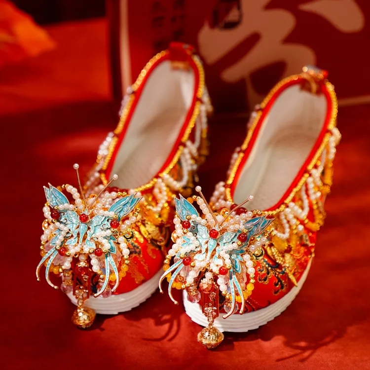 【高档婚鞋】明制中式秀禾鞋重工古风增高红色新娘绣花香槟色婚鞋