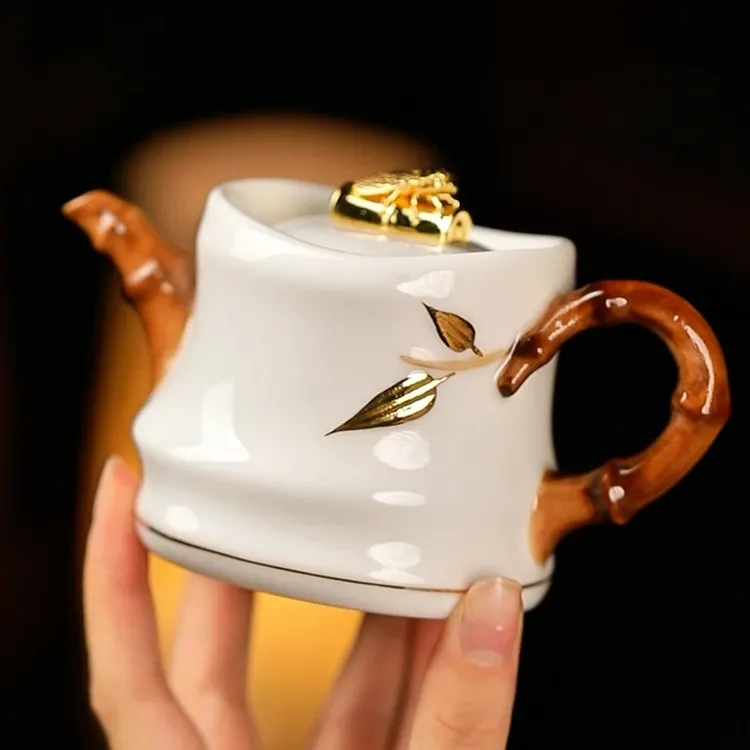 【李辉熠老师手作】高档羊脂玉瓷浮雕竹节金蝉壶泡茶壶家用大容量商品图