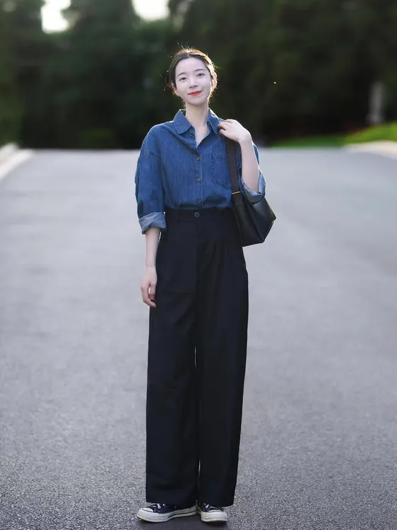 【牛仔很蓝】初秋搭配一整套网红爆款今年流行牛仔衬衫休闲裤两件套