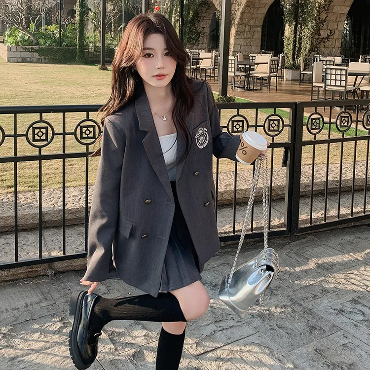 韩剧女主穿搭学院风小西装jk制服套装女2025春装新款百褶裙两件套