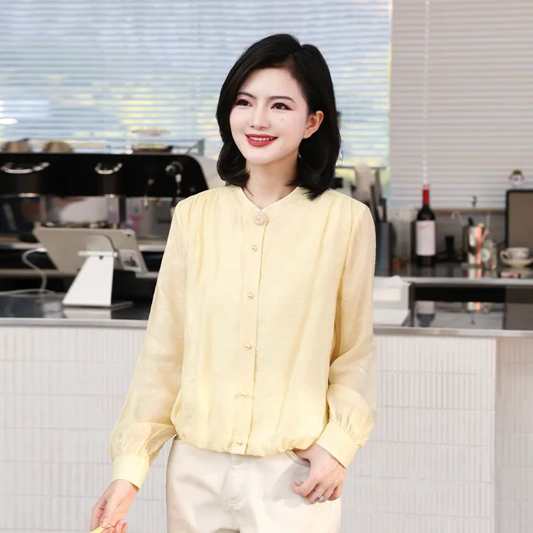 枫竺阿楠anan气质圆领重工钉珠提花长袖单排扣衬衫女秋季百搭上衣