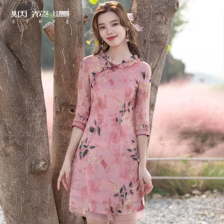 烟花烫改良旗袍女2023春新款年轻款小个子印花苎麻连衣裙 听笛