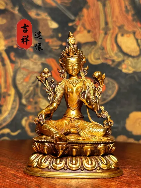 纯紫铜鎏真金《绿度母》纯手工造像家用玄关佛像摆件