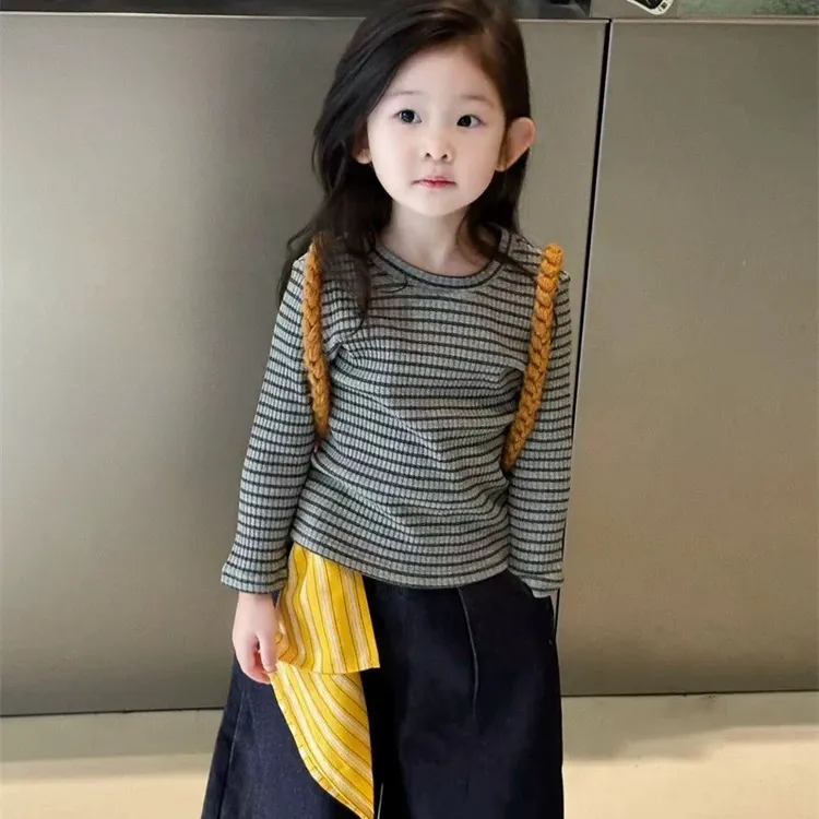 2025韩版秋冬条纹女秋冬套头套装上衣针织小童童装加绒保暖裤