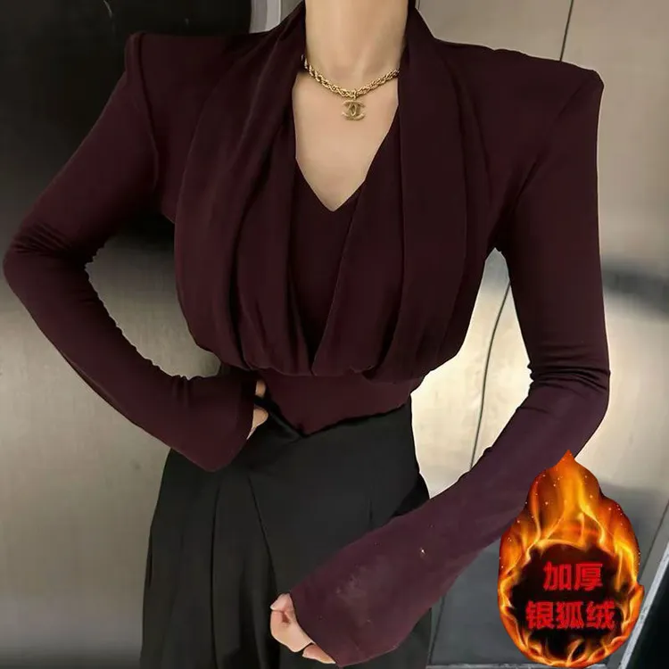 秋冬款加绒加厚修身洋气打底衫女挂脖设计感气质百搭V领长袖t恤女