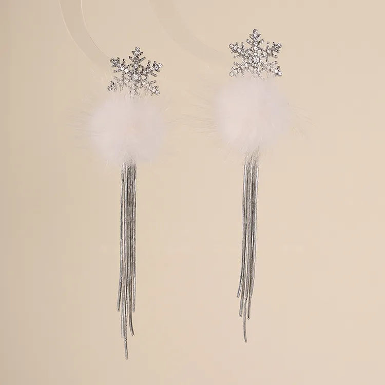 铜合金合成锆石耳饰 雪花星坠耳饰毛绒长款秋冬超仙个性时尚耳环