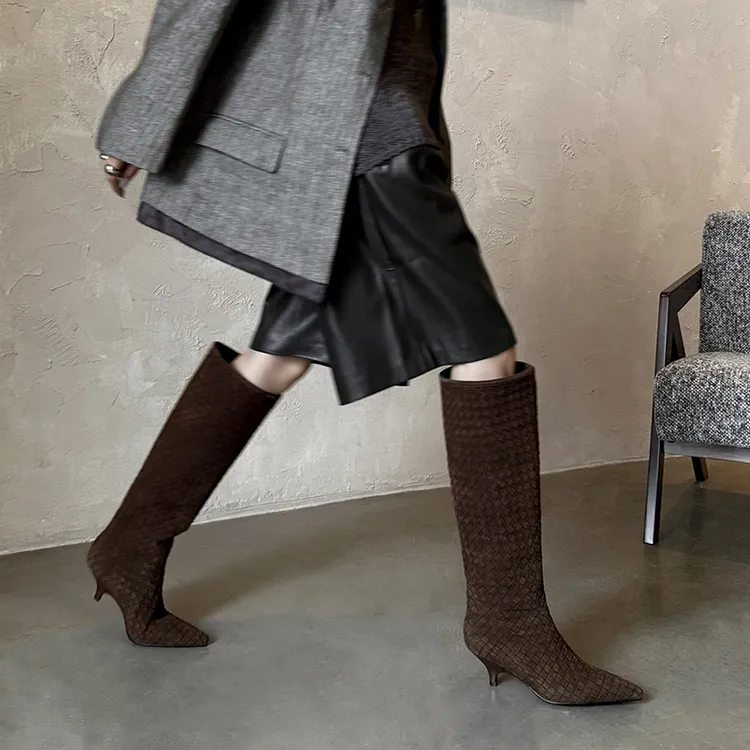 2025欧货全牛皮！时尚编织不过膝长靴女细跟百搭秋冬欧美尖头女鞋