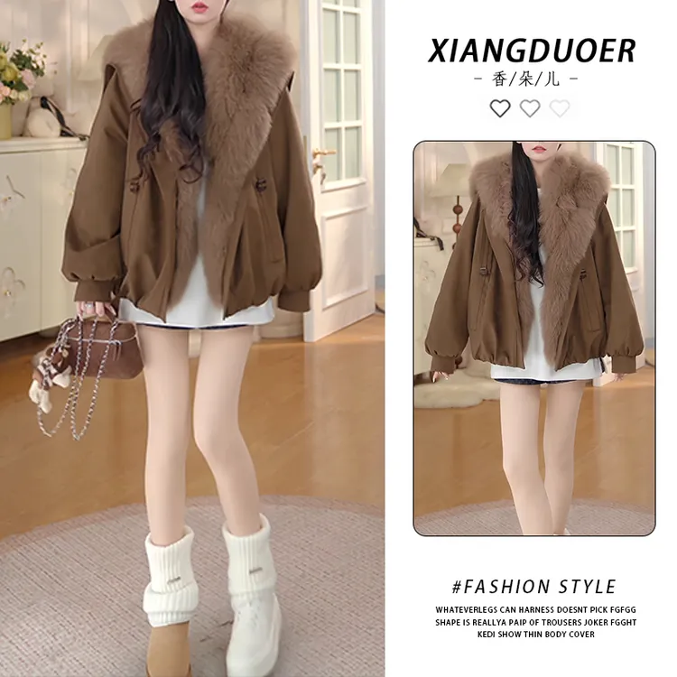 轻熟气质款大毛领连帽棉衣2026冬季款柔暖泡泡袖设计自在优雅