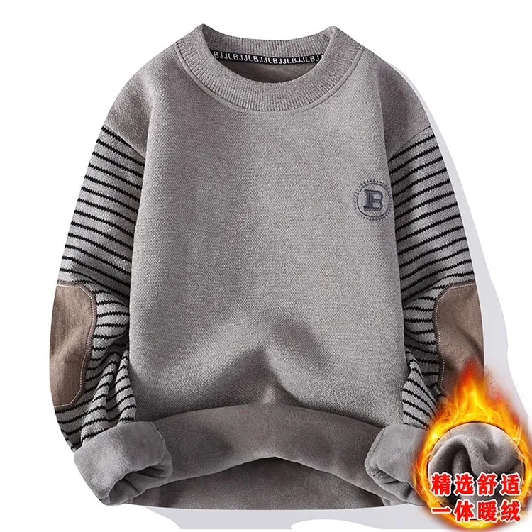 殿若潮牌圆领卫衣男一体加绒加厚秋冬款青少年休闲时尚针织打底衫