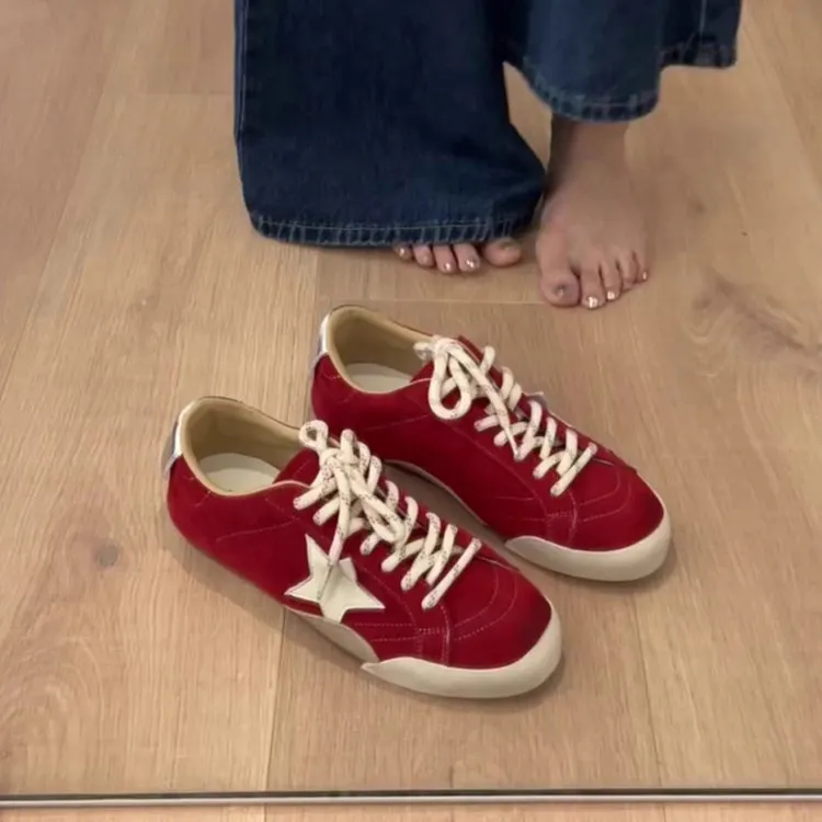 牛皮版~学院风双色带小众德训鞋女百搭时尚前系带深口运动休闲鞋