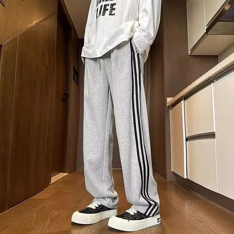 秋季新款美式休闲直筒裤男士宽松百搭条纹休闲大码薄款运动阔腿裤