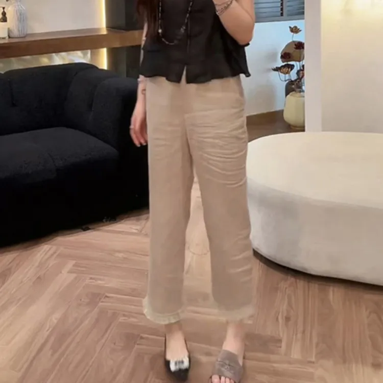 韩系简约直筒裤女士夏季设计感流苏裤子洋气百搭休闲裤时尚九分裤