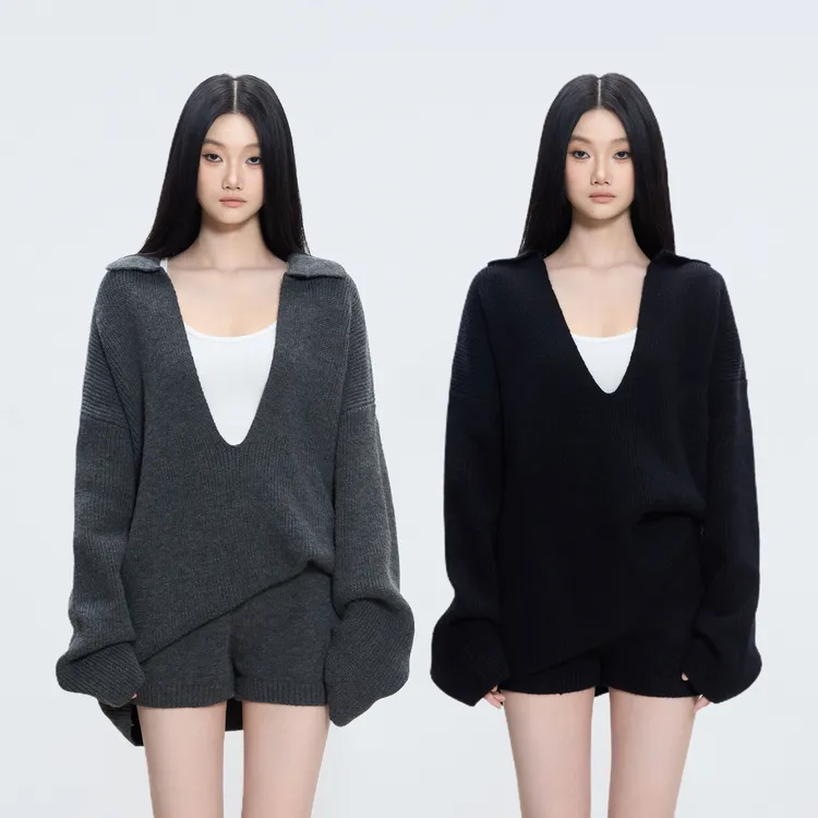 withmin凉皮 灰雾山野 辣妹秋款小众设计针织罩衫+短裤女2523922