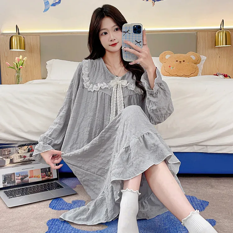 睡裙女款春秋季甜美公主风灰色长袖睡衣女士夏天可外穿孕妇家居服