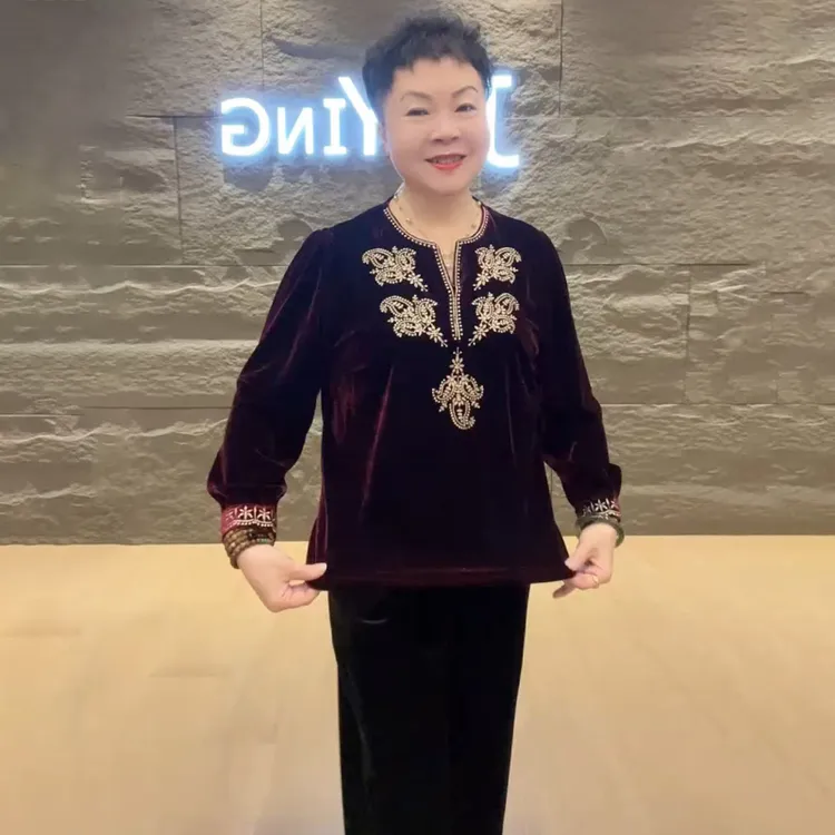 H秋季新款2025丝绒绣花长袖宽松中老年妈妈装弹力上衣圆领打底衫